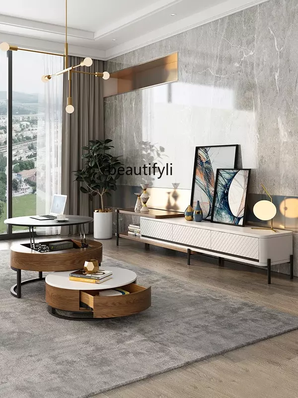 Nórdico luz redonda mesa de café, combinação de armário de TV, moderno, simples, pequeno apartamento, mesa de chá dobrável, vivendo, luxo