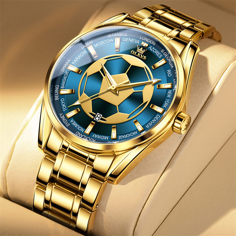 Jam tangan sepak bola OLEVS Quartz pria, arloji merek mewah terkenal tahan air olahraga Sarung baja emas Relogio Masculino