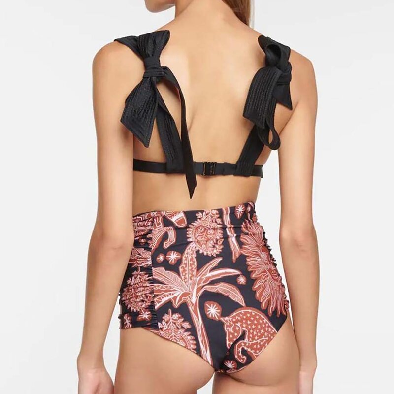 2024 moda czarny różowy dopasowane kolory strój kąpielowy kobiet szeroki pasek na ramię w stylu Vintage Halter wysoki stan Bikini z nadrukiem słońca