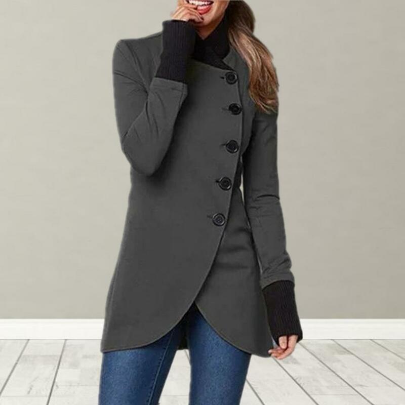 Women's Autumn And Winter Jacket Stand Collar Single Breasted Irregular Long Sleeve Solid Color Thickened Women's Jacket