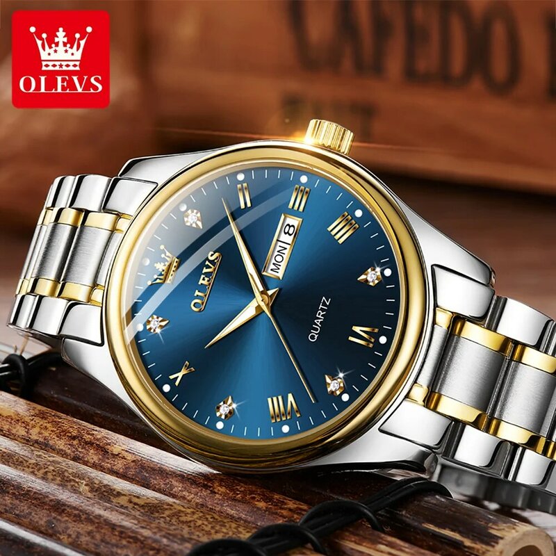 OLEVS jam tangan Stainless Steel, arloji olahraga kasual tahan air tanggal untuk lelaki