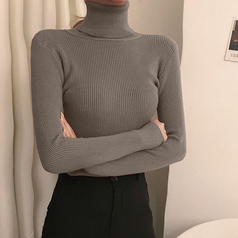 2023 nowy damski sweter z golfem jesienny z długim rękawem Slim elastyczny koreański prosty prosty sweter Top w jednolitym kolorze