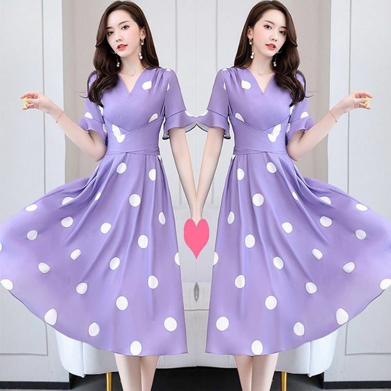 Spring/Summer Korean Edition New V-neck Chiffon Polka Dot Printed Dress Mid Length Waist Slimming Fashion Dress