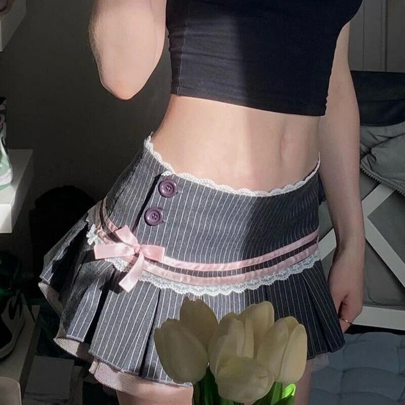 Deeptown plisowana Mini spódniczka kokietka damska kokarda koronkowa krótkie spódniczki słodka seksowna Streewear koreański styl swobodna spódnica o linii