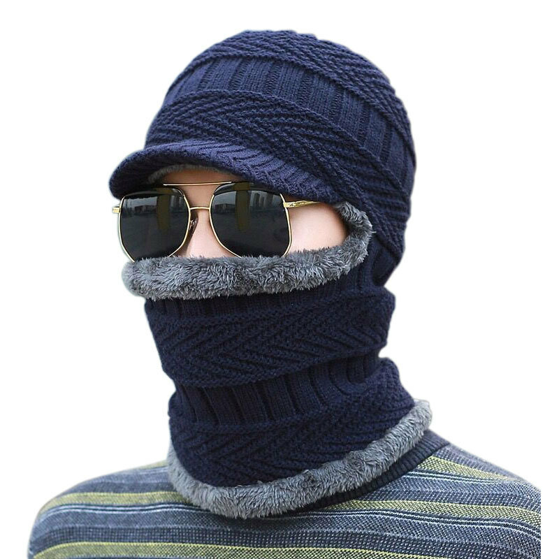 Chapéu de pelúcia tricotado masculino, chapéu de esqui exterior à prova de vento, gola grossa do cachecol siamês, Gorros de rosto quente, inverno