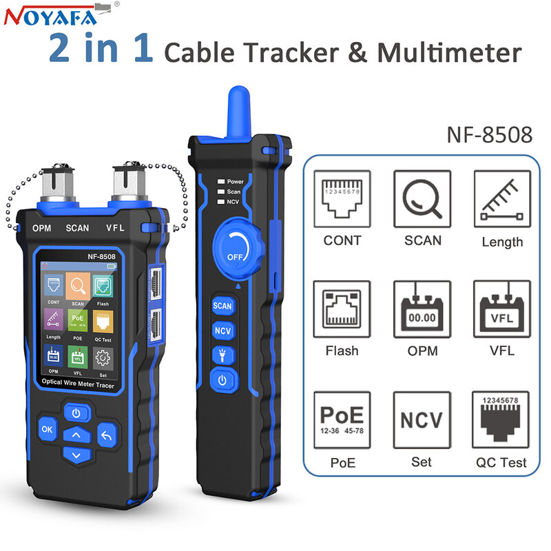 NOYAFA NF-8508 네트워크 케이블 테스터, PoE 검사기 벨트, 광학 파워 계량기, LCD 디스플레이 측정 길이, 와이어맵 케이블 추적기