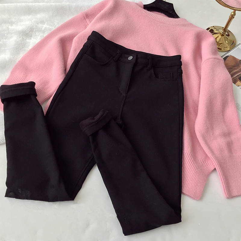 Fall/Winter Black White Skinny Stretch Plus Velvet Thicken Jeans Women Casual Long Pencil Pants Slim Warm Denim Trousers C7972