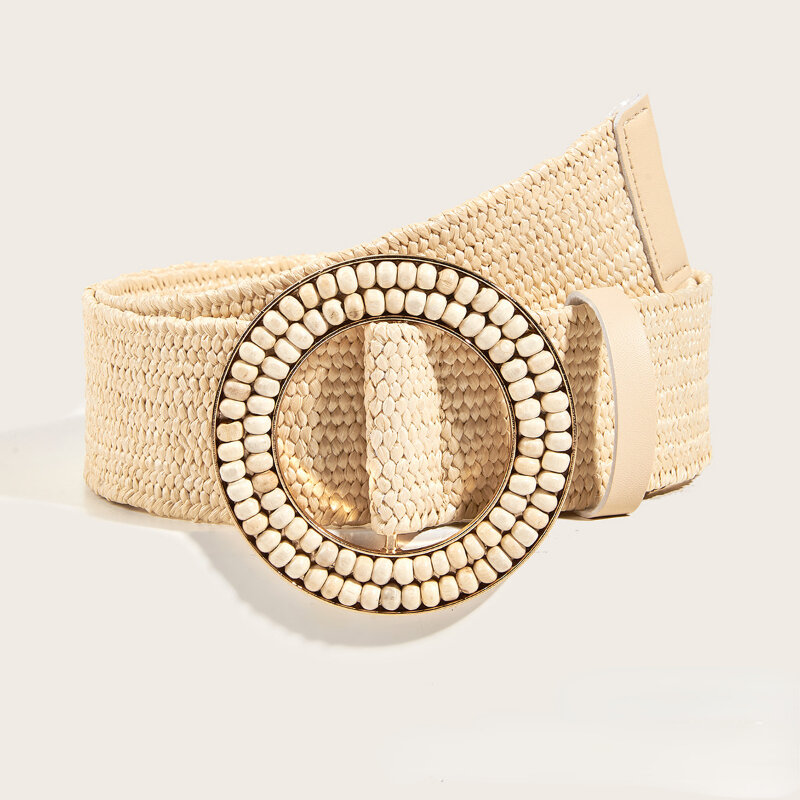 Cinturón tejido de hierba PP Vintage para mujer, accesorios de vestido de verano, estilo bohemio, hecho a mano, hebilla de cuentas con incrustaciones de madera redonda, cinturón elástico