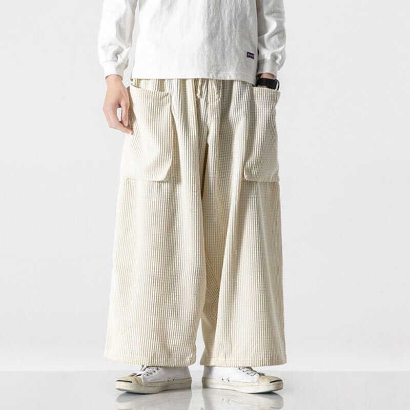 Вельветовые весенние мужские однотонные новые свободные широкие многоцветные повседневные Прямые брюки большого размера с карманами брюки в стиле пэчворк