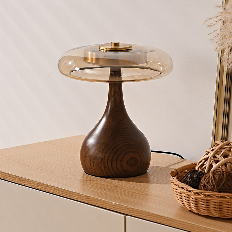 Новинка 2024, стильная Роскошная Медная настольная лампа, деревянная стеклянная настольная лампа для прикроватной спальни, домашнее искусство, декоративный стол в виде грибов