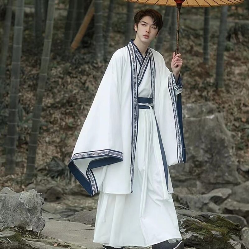 정품 한푸 남녀 코스튬, 허리 길이 크로스 칼라, 중국 전통 의상, 클래식 연인 한푸 원피스 세트