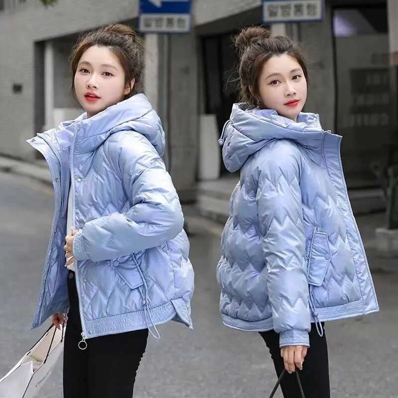 2023 neue Winter Frauen glänzende Parkas Kapuze Baumwolle gepolsterte Jacke weiblichen Mantel dicke warme kurze Outwear Dame Oberbekleidung