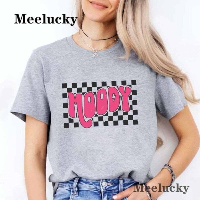 Checkered Moody Faith Print V-Neck T-Shirt Casual Every Day Short Sleeve T Shirt  Women's Clothing