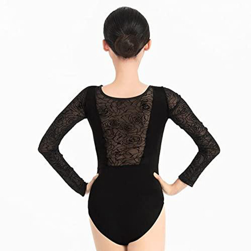 Trykoty baletowe dla kobiet ubrania taneczne eleganckie czarne koronki z powrotem dla dorosłych baleriny ubrania trykot z długim rękawem Stand-up kostium z kołnierzem