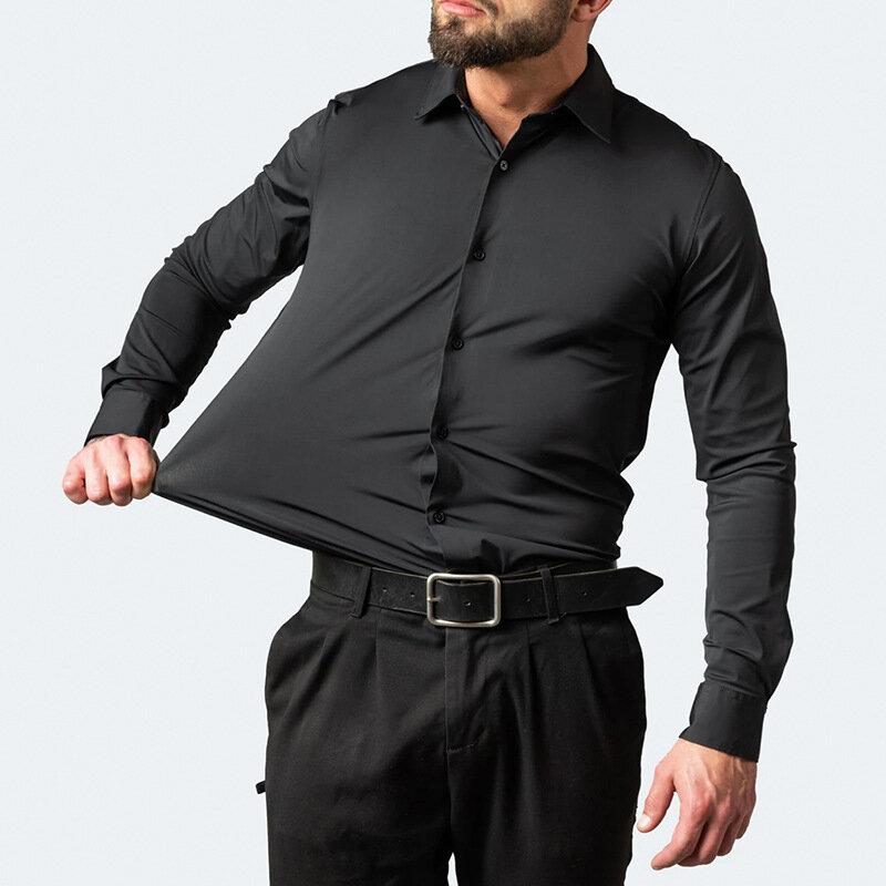 Plus Size wysoka elastyczność bezszwowa Spandex koszula męska z długim rękawem Slim Fit Casual jednolity kolor ubranie koszule społeczna 50-110KG