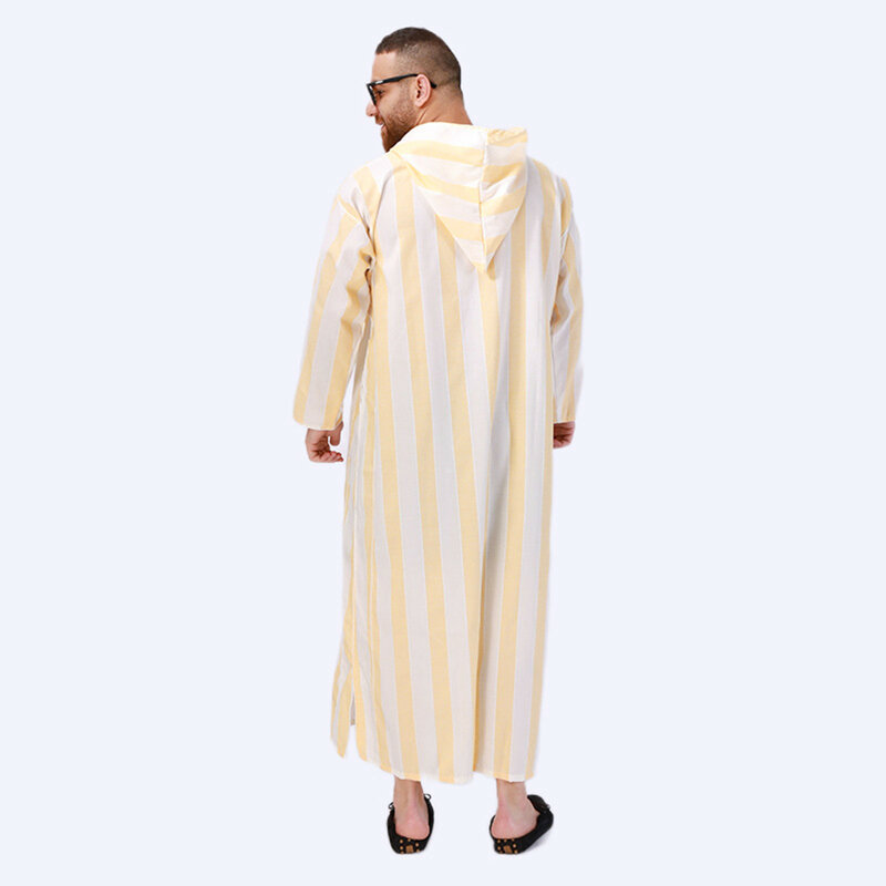 Men Casual Muslim Robe Summer Fashion Loose Muslim Hooded Nightgown Simple Stripe Print Comfortable Male Robe Jubba Thobe Abaya