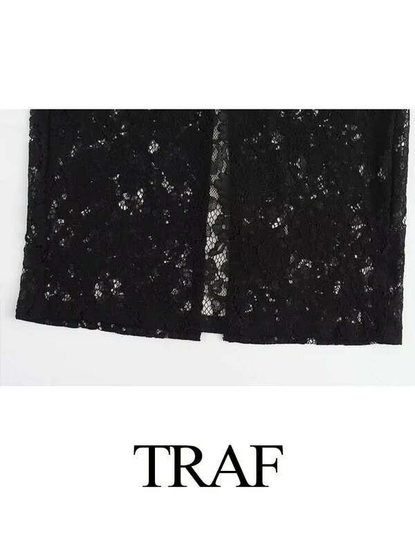 TRAF Women Elegant Lining High Waist Straight Skirt Woman Lace Hollow Zipper Slit Hem Decorate Midi skirt Streetwear Mujer