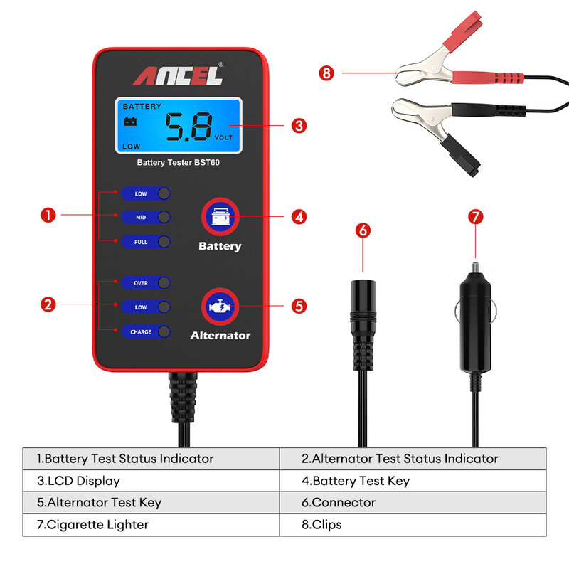 ANCEL BST60 12V Baterai dan Alternator Tester Cranking Charging Test OBD2 Alat Diagnostik Mobil Penganalisis Baterai untuk Uji Baterai