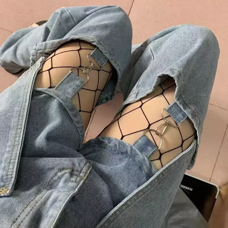 Stoking Jala Pinggang Tinggi Seksi Wanita Celana Ketat Klub Jaring Pantyhose Jaring Rajutan Kaus Kaki Panjang Pertandingan Jeans Sobek Lingerie Populer