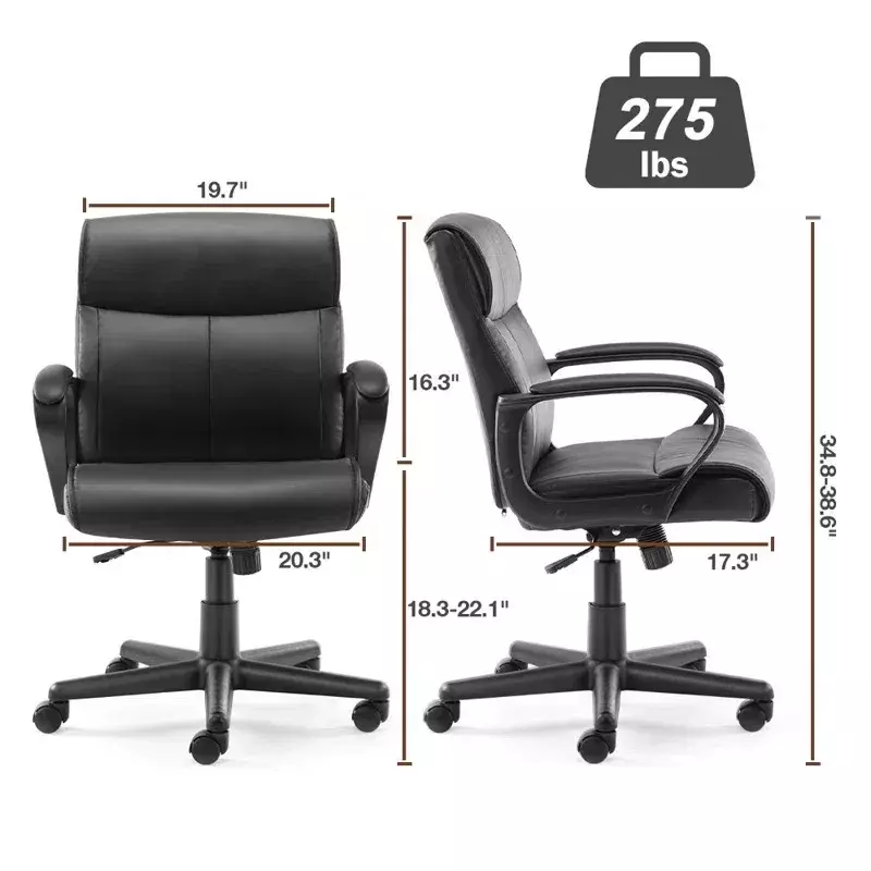 PU Leather Mid-back Office Chair, braços acolchoados fixos para adultos, preto