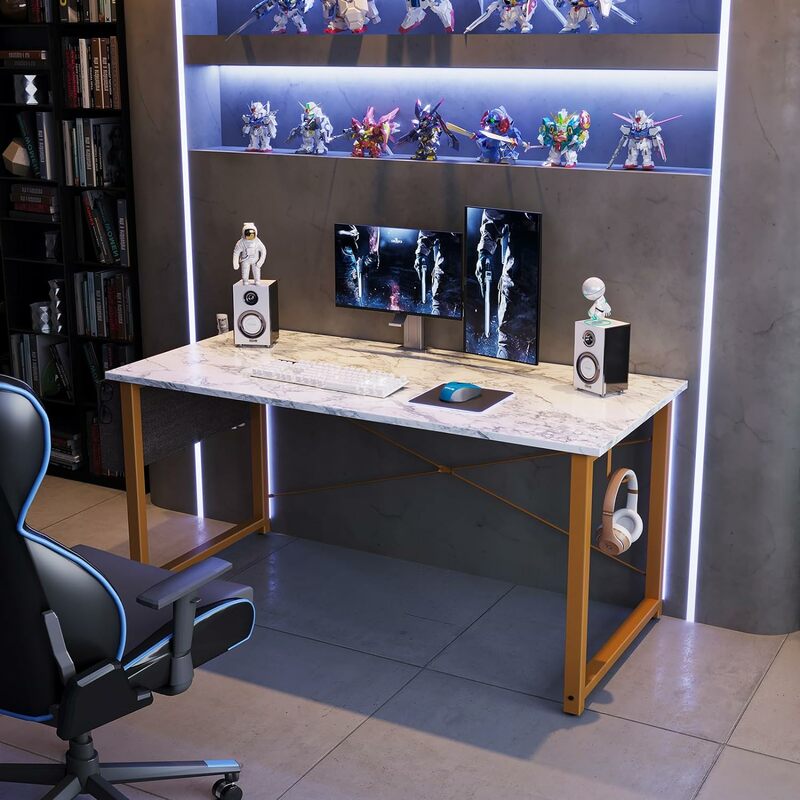 Odk Computer Schreibtisch 55 Zoll, robuster Home-Office-Tisch, Schreibtisch mit Aufbewahrung tasche und Kopfhörer haken, weißer Marmor gol