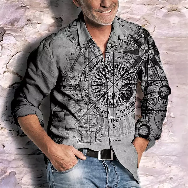 Рубашка мужская с отложным воротником, длинным рукавом и компасом