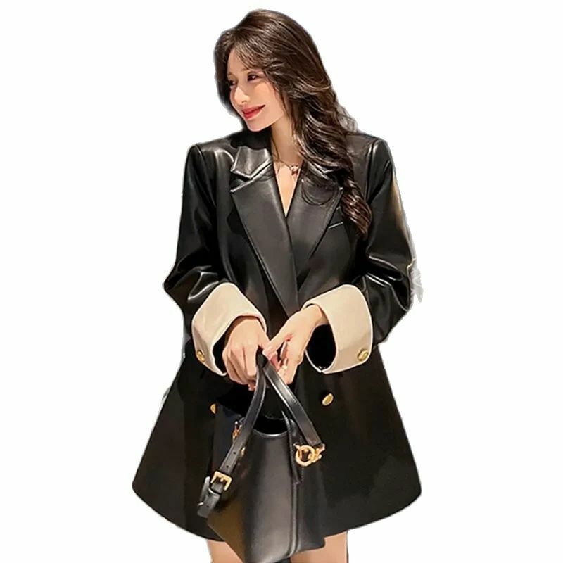 Женская кожаная куртка на весну и осень, новинка 2024, модный свободный костюм для отдыха, куртка из искусственной кожи, черные топы, пальто, Женское пальто 4XL