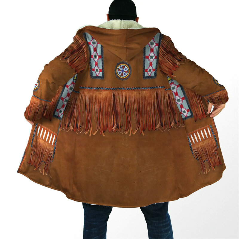 HX jubah bertudung untuk pria, jaket jubah bulu domba tahan angin cetak 3D pola Tribal Retro musim dingin untuk pria