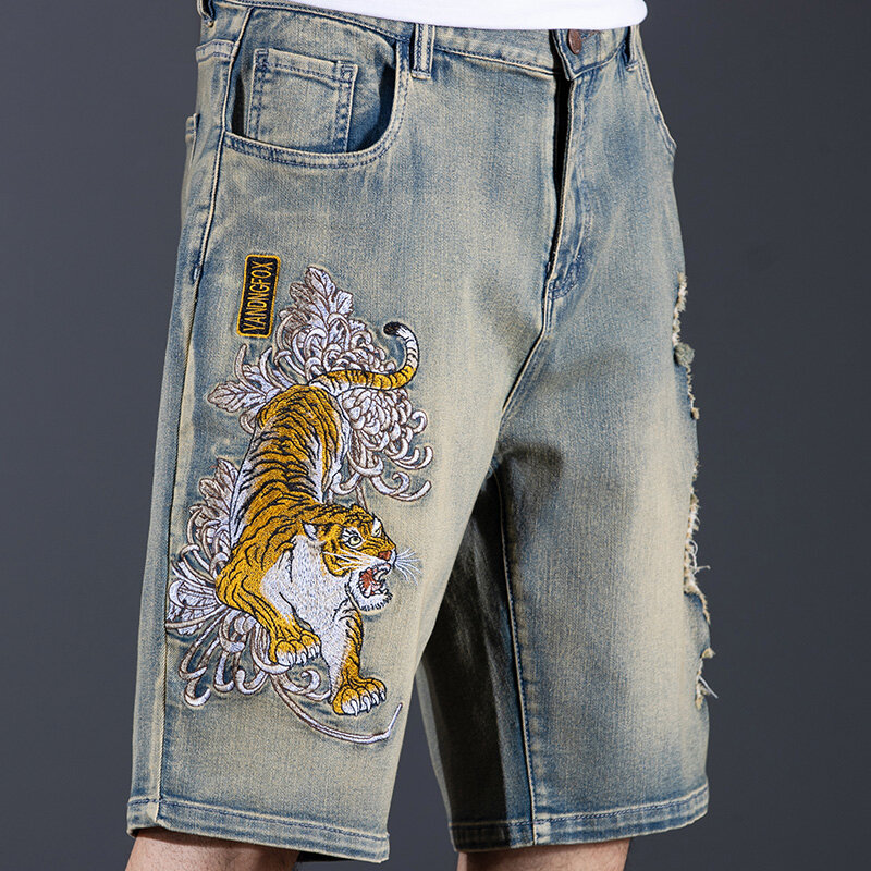 Short en jean brodé de tigre de style chinois pour homme, pantalon court, grande taille, tendance décontractée, rétro, DistMurcia