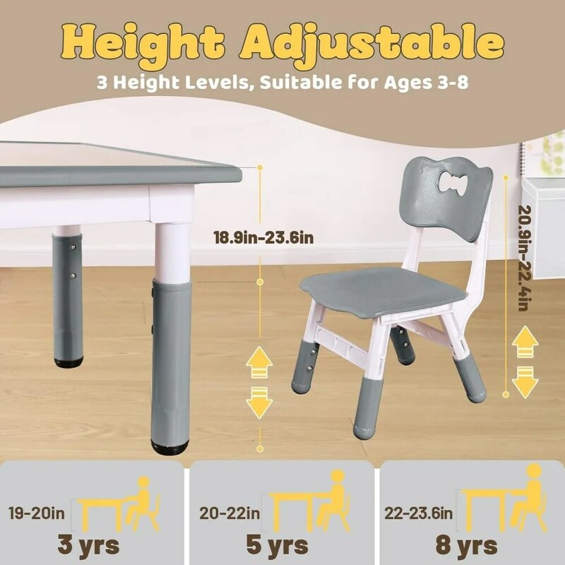 高さ調節可能な幼児用テーブルと椅子セット、詰めやすい、クラフトテーブル、教室、3-8、椅子4脚
