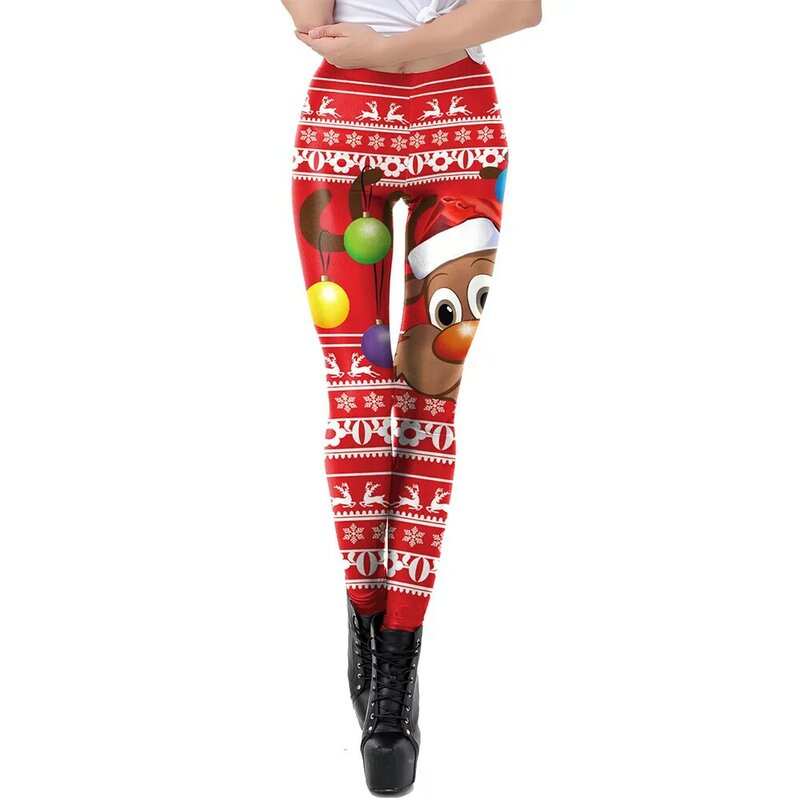 Nadanbao Red Christmas Snowflakes Print Leggings Women Elastic Tights Holiday Party Pants Female Mid Waist Funny Long Pants