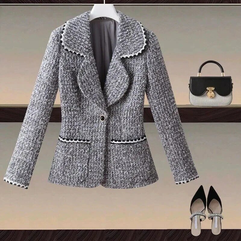 Женский твидовый пиджак с длинным рукавом, демисезонный пиджак с одной пряжкой и воротником-стойкой, 2024