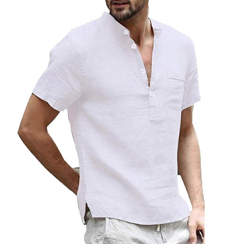 S-3XL!2024 Nowa moda Bawełniane lniane koszule męskie z krótkim rękawem i kołnierzykiem w kształcie litery V Oddychająca męska koszulka Odzież męska
