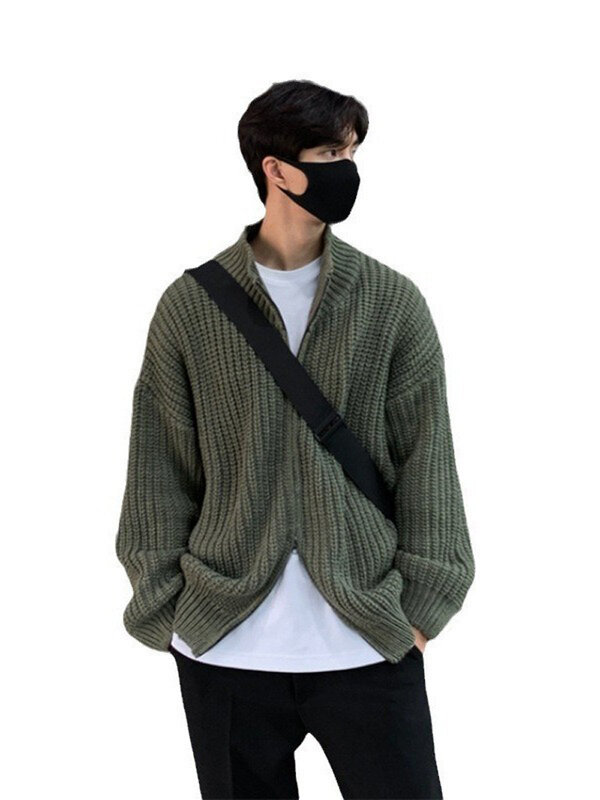Men's Knitted Zipper Cardigan Sweater Stand Collar Solid Color Long Sleeve Casual Streetwear Coat Fashion Knitwear