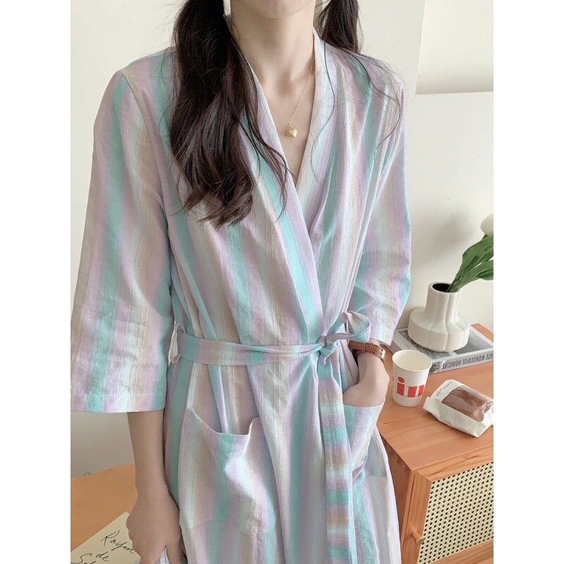 เสื้อคลุมกิโมโนสไตล์เกาหลีสำหรับผู้หญิงมาใหม่ฤดูร้อนชุดนอนลายทางชุดนอนชุดคลุม pakaian rumahan ผ้าฝ้ายสำหรับผู้หญิง Baju tidur seksi ใหม่