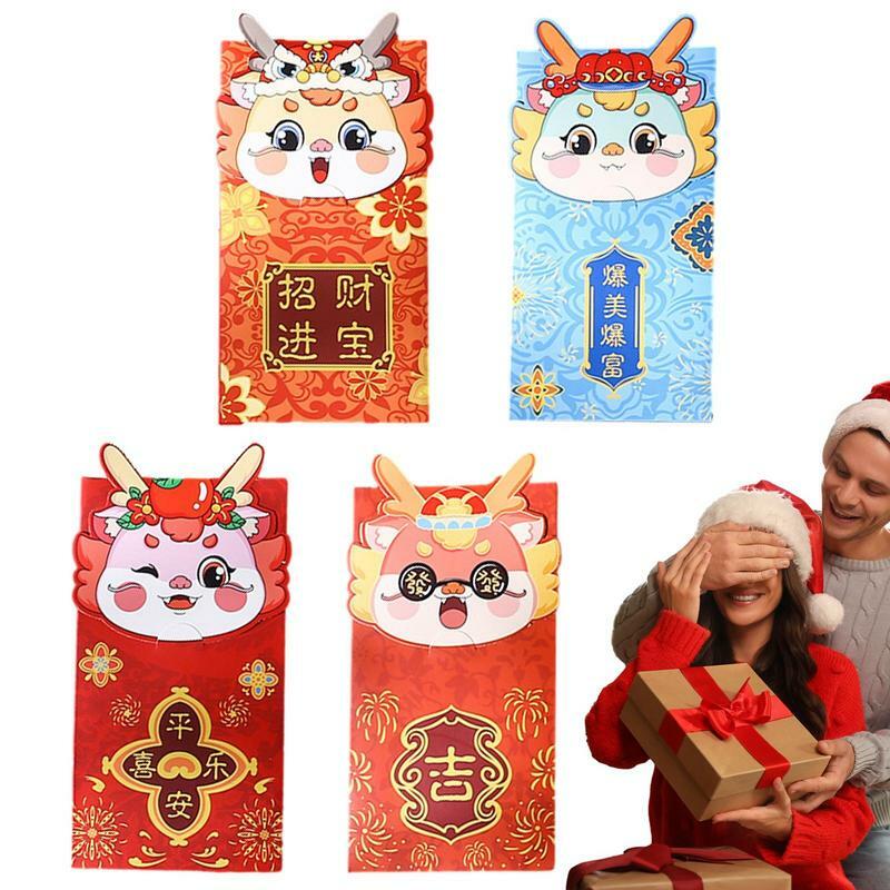 Sobres Rojos de año de dragón lindo, bolsa de regalo de dibujos animados de estilo chino, bolsillos de dinero para Festival de Primavera y cumpleaños, paquete de la suerte, 4 piezas