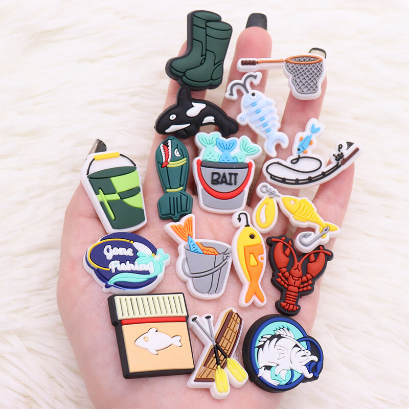 1Pcs Shoe Charms Fish Whale Lobster Bucket Fishing Rod PVC Accessories Sandals Shoes Buckle Decoration For Kids Birthday Gift