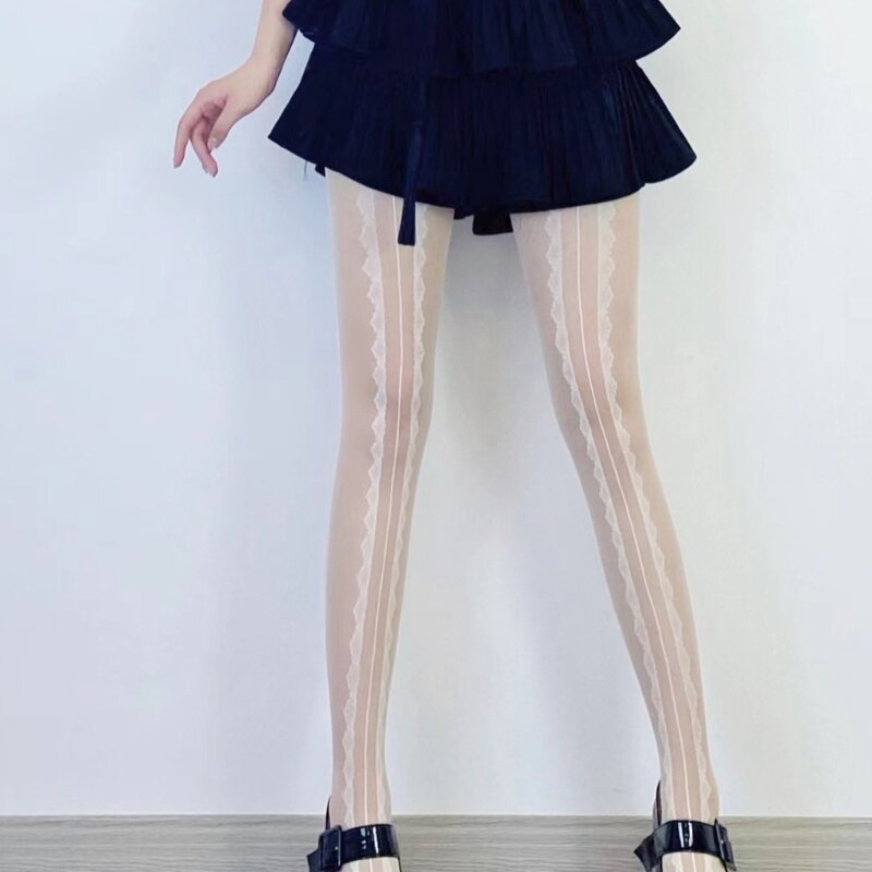 Women Tights Elegant Lace Jacquard Vertical Striped Pattern Pantyhose Stockings