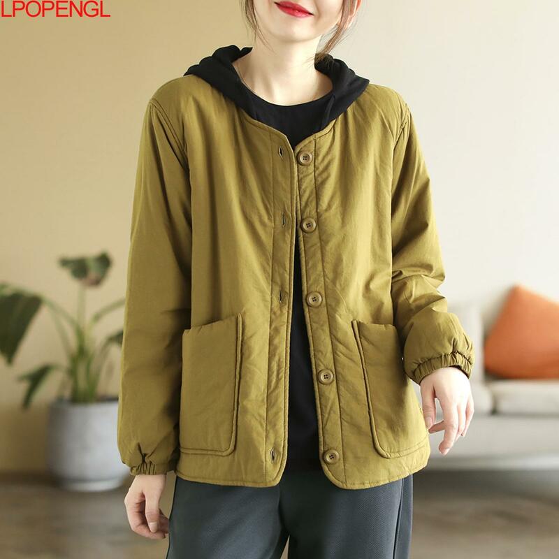 Fashion Literary Vintage Warm Cotton Clothing Women Winter New Loose And Versatile Solid Color Long-sleeved Single Breasted Coat