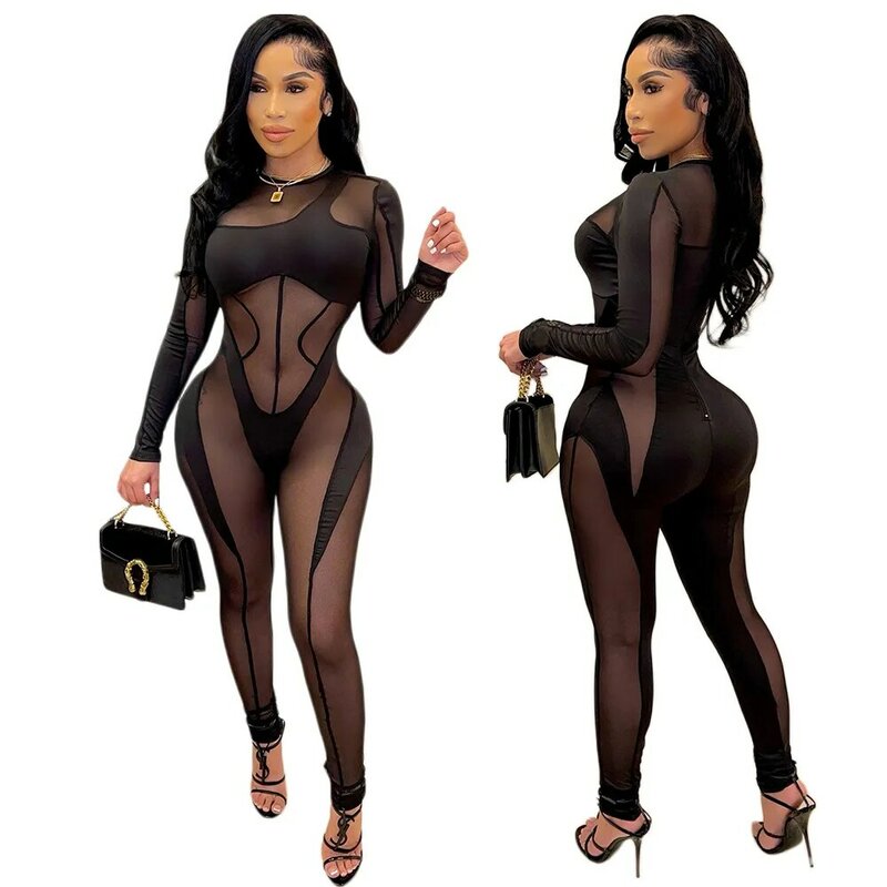 Sexy Women Jumpsuit Sheer Mesh See Through Party Night Full Sleeve Bodysuit Long Romper Women Overalls