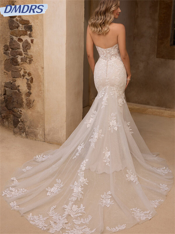 Elegancka suknia ślubna syrenka 2024 urocza sukienka plażowa romantyczna koronkowa aplikacja suknie do ziemi dla gości weselnych Vestidos De