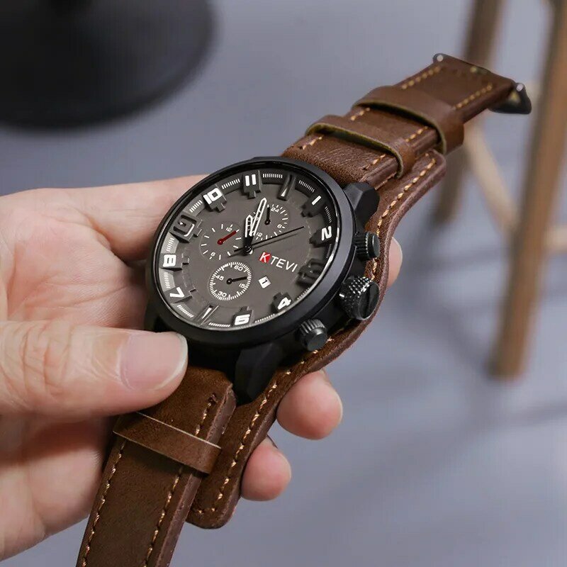 Yikaze-男性用レトロクォーツ時計,クラシックな高級時計,ラージダイヤル,レザーストラップ,ミリタリー腕時計