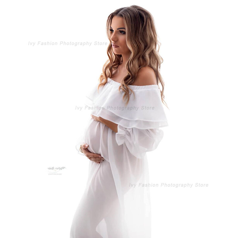 Maternidade Fotografia Props Vestido Translúcido Soft Chiffon Branco Tulle Clothes Para Mulheres Grávidas Gravidez Photo Shoot Dress