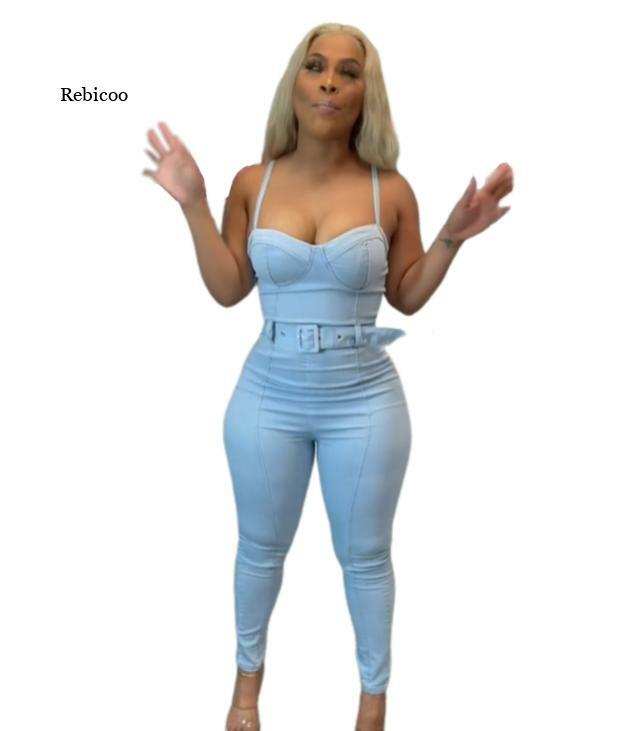 Sexy Frauen Liebsten Denim Club Overalls Spaghetti Strap Bodycon Blau Jeans Bleistift Jumpsuit