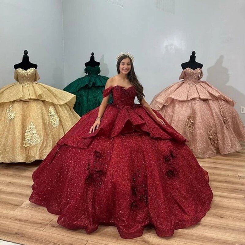 Bordowa księżniczka Quinceanera sukienka balowa kochanie cekiny błyszczą słodkie 16 sukienek 15 Años meksykańskie