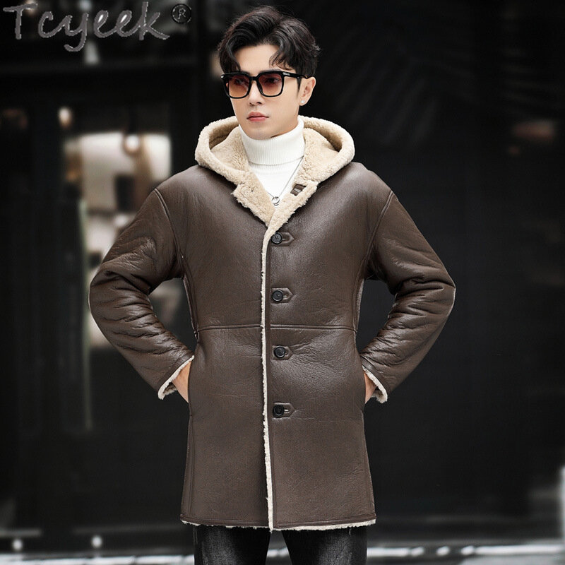 Tcyeek-chaqueta de cuero genuino de longitud media para hombre, abrigo de piel Natural con capucha, abrigos cálidos de piel de oveja Real, Chic, moda de invierno