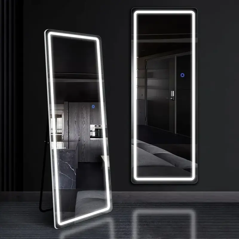Cermin lantai seluruh tubuh 63 inci x 20 inci, cermin lantai LED persegi panjang Modern dengan braket, perak