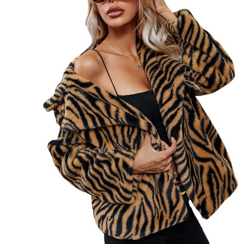 Пальто женское с леопардовым принтом, искусственный мех, воротник с лацканами, плюшевая свободная теплая одежда с принтом зебры, Осень-зима