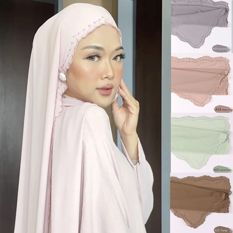 Sulam-chal de Hijab bordado, pañuelo para la cabeza con borde bordado de gasa pesada Premium, novedad