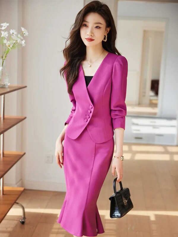 女性のオフィスや仕事のためのスタイリッシュなブレザーコートとフィッシュテールスカート,プロの作業服セット